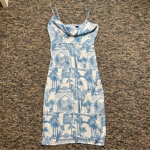 🎉HP!  Forever 21 Chic Rome Parrot Blue Toile Print Slip MIDI Dress Size S